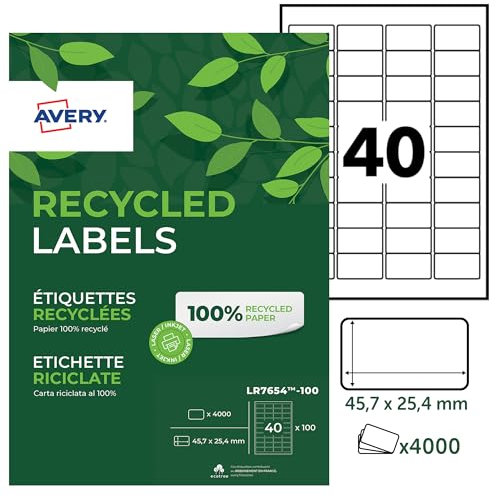 Avery - Avery LR7654-100 Adress-Etiketten, recycelt, weiß, 45,7 x 25,4 mm, 4000 Stück
