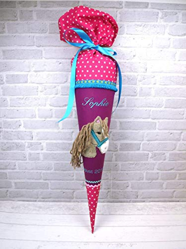 Schultüte Pferd Stoff blau Zuckertüte Pferdekopf pink mit Bohoborte