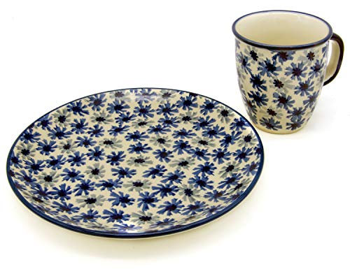 Bunzlauer Geschirr-Set mit einem Becher und einem Teller (Dekor Kornblumen, Becher Mars 260 ml mit Teller 21,5 cm)