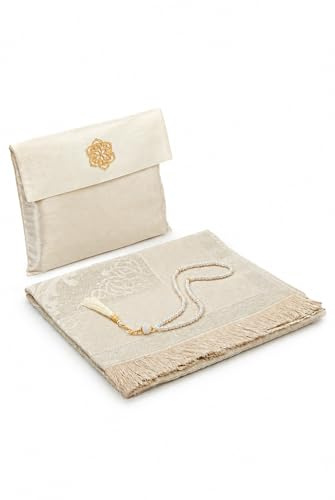ihvan online Muslimischer Gebetsteppich und Perlen mit eleganter Slub-Stofftasche Janamaz Sajadah Weicher islamischer Gebetsteppich Islamische Geschenke Gebetsteppichmatte, Taftstoff, Ecru