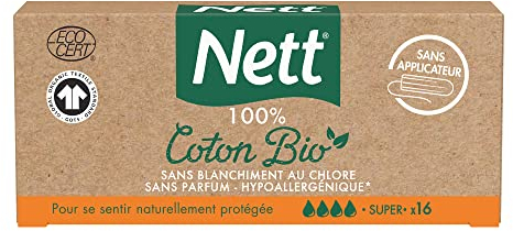 Nett - Tampons 100% Coton Bio Super Sans Applicateur (boîte de 16 pièces) – Tampons en coton non blanchis au chlore et sans parfum – Tampons hypoallergéniques avec rainures incurvées