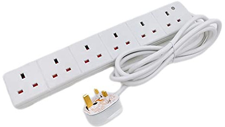 Extension Lead 6 Way 2M, Surge Protection Power Strip, Wall Hanging Extension Cable, Power Adaptor With UK Plug, Extension Cord, Wall Mountable for Home, Office, and More