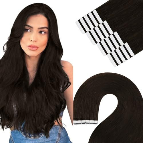 YoungSee Haarverlängerung, Echthaar, Dunkelbraun, 45 cm, Extensions, selbstklebend, unsichtbar, dunkelbraun, Haarverlängerung, dunkelbraun, Haarverlängerung, kann gelockt werden, 20 Stück, 50 g, für