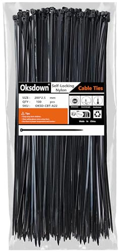 Oksdown 100 Pack Black Plastic Cable Ties 200mm×2.5mm Small Nylon Zip Ties Premium Self Locking 6 inch Mini Tie Wraps