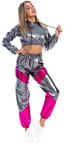 IMEKIS Damen Glänzende Metallic Trainingsanzug Jogginganzug Sportanzug Langarm Kapuzen Crop Top und Cargohose 2er Hosenanzug Hausanzug Nachtclub Performance Tanzbekleidung Grau Medium