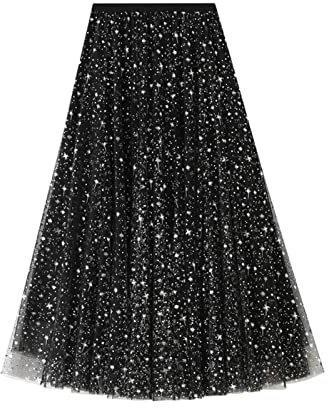 SotRong Glitzer Tüllrock Schwarz Damen Midi Überlagerter Mehrlagiger Elastischer Hoch Taillierter A Linien Tutu Rock Mesh-Chiffon-Faltenrock mit Blumendekoration