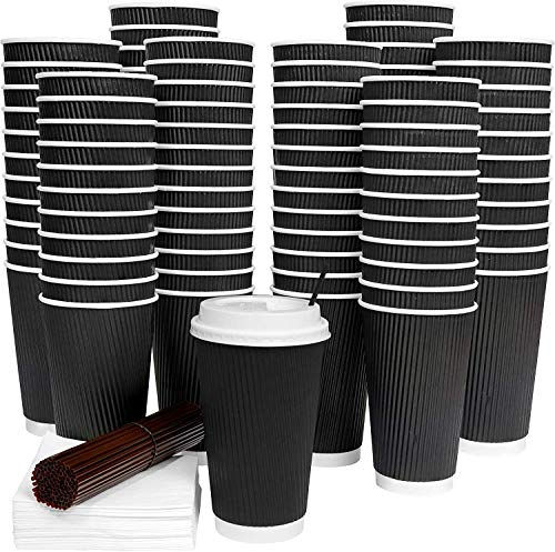 100 x 8oz Paper Coffee Cups to Go with White Lids and Wooden Stirrers | Black Ripple Insulated Paper Cups for Serving Tea and Coffee: 100 Takeaway Cups for Hot and Cold Drinks, NO LEAKS or Sleeves