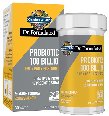 Garden of Life Dr. Formulated Pre, Post & Probiotics 100 Billion CFU Once Daily 3-in-1 Complete Probiotics, Prebiotics & Postbiotics Supplement for Women and Men – Extra Strength, 30 Day Supply