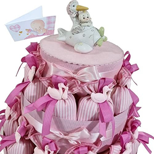 Sindy Bomboniere Sacchetti Nascita Bimba confezionati con Cicogna gessetto Rosa 20 pz + Torta (Sacchetti Cicogna Rosa)