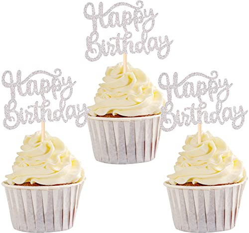 SYKYCTCY 36 Pack Happy Birthday Cupcake Toppers Glitter Celebrating Cupcake Picks Baby Shower Kids Anniversary Party Cake Decorations Supplies Silver