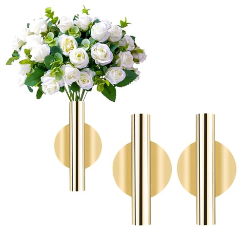2 Pcs Gold Wall Decor, Plant Wall Vase Metal Tube Decoration Holder Used to Display Dried Flowers, Faux Flowers, Fake Flowers, Also Suitable for Gravestone Memorial Decoration (Round Gold)
