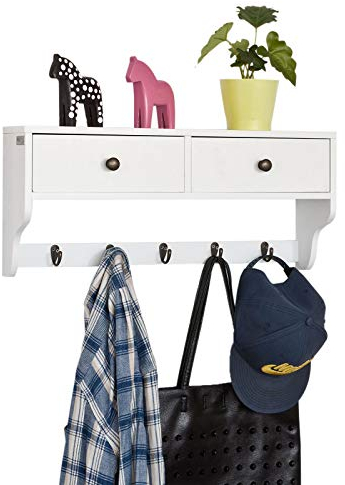 SoBuy FRG178-W Wandschrank Wandregal Hängeregal mit 2 Schubladen und 5 Haken Wandgarderobe MDF weiß