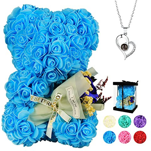 K KYMAKE Valentinstagsgeschenke für sie, Rosenbär-Geschenke für Frauen, handgefertigte Rosenbären eine nie verblassende Rose, Valentinstagsdekorationen, Brautpartys, transparente Geschenkbox (blau)