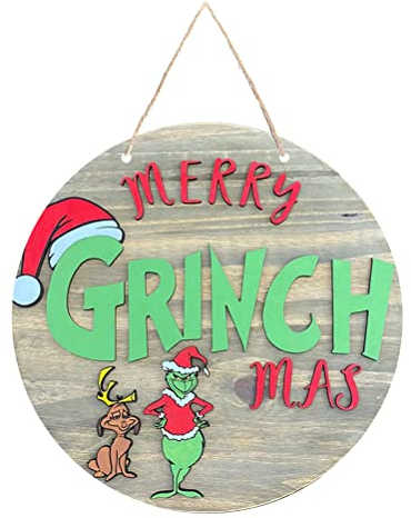 Weihnachtskranz Grinch, Weihnachtstürschild Dekoration,lustiges Willkommens Haustürschild, grüner Kranz, Haustürkranz, 30 x 30 cm, Holz Bauernhaus Veranda Dekoration