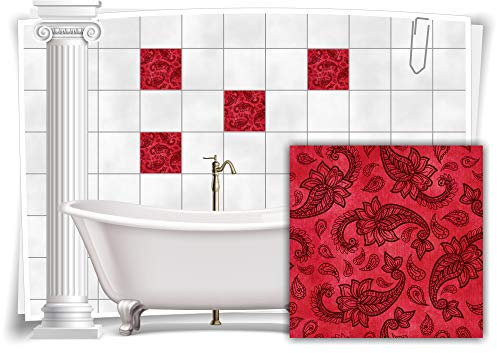Medianlux Fliesen-Aufkleber Fliesen-Bilder Damast Barock Nostalgie Retro Floral Rot Bad WC Deko Folie Badezimmer Dekoration, 4 Stück, 20x20cm m21-rot-114831