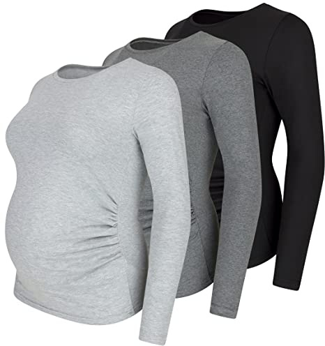 M.M.C. Umstandsshirt Langarm Damen 3er Pack – Umstandsmode Basic, unifarben, mitwachsende Raffung, 95% Baumwolle, S bis XL (Schwarz, Dunkelgrau, Hellgrau, XL)