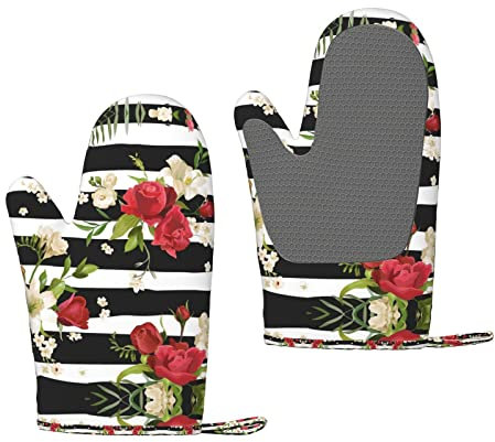 Grillhandschuhe, Schwarz-Weiß-Streifen, rote Rosen-Druck, hitzebeständige Silikon-Grillhandschuhe, Küchen-Ofenhandschuhe, zum Grillen, Kochen