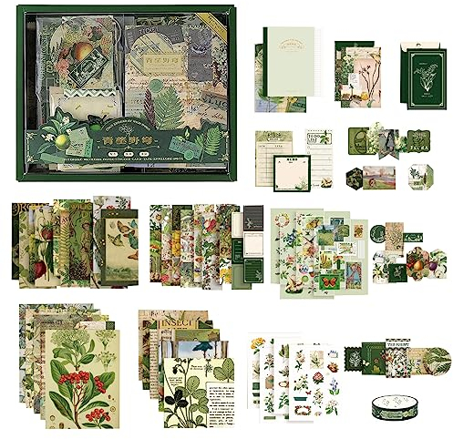 YPLonon Vintage Scrapbook Zubehör Set 125 Stück Ästhetische Bullet Journal Zubehör mit A6 Raster Notizbuch Aufkleber Sammelalbum Papier Zubehör für Kalender Notizbuch Tagebuch