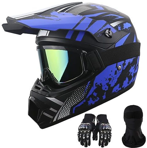 Motorcycle Dirt Bike Helmet Full Face Motocross Helmets for Outdoor Sports Off Road Racing Mountain Bike Men Women Off-Road Helmet Gloves Goggles for Adult Youth DOT/FMVSS 218 Approve(Dark Blue L)
