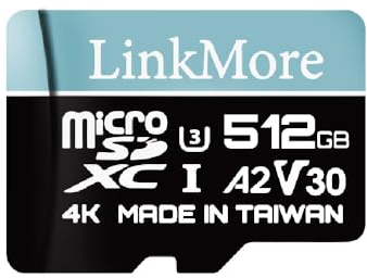 LinkMore 512GB Micro SD Lite card, A2, UHS-I, U3, V30, Class 10 compatible, max sequential read up to 100MB/s, max sequential write up to 85MB/s, SD adapter included