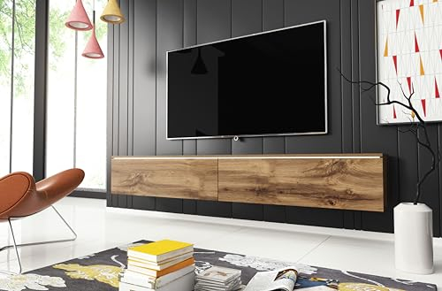 MINIO go for it - Meuble TV Donna, Largeur 180 cm, Lowboard TV, Debout ou Suspendu, Meuble Salon, Panneaux de Particules stratifiés, Style Moderne, Chêne Wotan - sans Éclairage LED