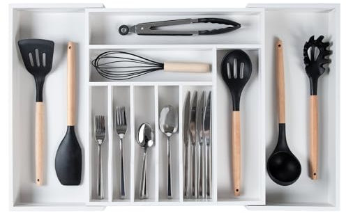 KitchenEdge Organiseur d'argenterie, de couverts et d'ustensiles de qualité supérieure pour tiroirs de cuisine, de qualité alimentaire, extensible de 40,6 à 71,1 cm, bambou blanc