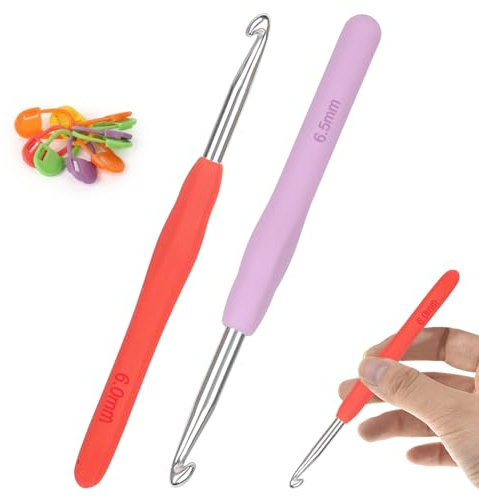 Aeeque Häkelnadel Set - 6,0 mm, 6,5 mm Aluminium Häkelnadeln Mit Gummigriff, 2 Stücke Leicht TPR Für Arthritis, Bunt Metal Zum Häkeln Schal, Pullover, Mützen