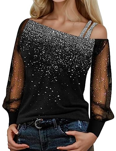 Sequin Top Women's Elegant Glitter Tops Women's Off Shoulder Festive Blouses Sexy Mesh Top Long Sleeve Shirt Party Tunic Modern Cocktail Tops T-Shirt Elegant Pullover Evening Glitter Top, silver, XXL