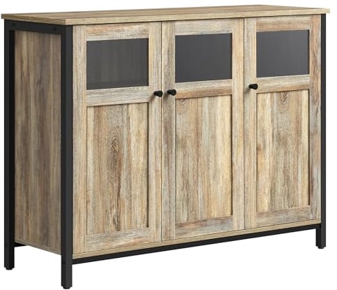 VASAGLE Sideboard, Buffet Table, Storage Cabinet with Glass Doors, Dining Room, Living Room, Hallway, Kitchen, Steel Frame, Industrial Style, Turquoise Brown and Ink Black LSC099B60