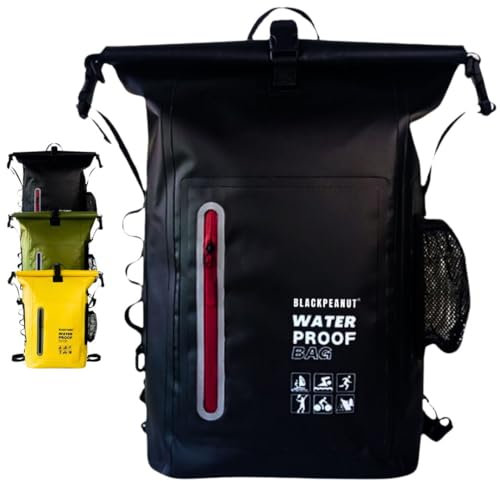 Blackpeanut Wasserdichter Rucksack mit 25 Litern, Dry Bag, Bequeme Trockentasche mit Außentasche für Wasserflasche, Drybag, Ideal für Wasseraktivitäten und Outdoor (Schwarz)