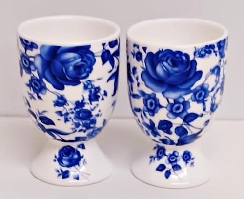 Rainbow Decors Delft Blue Egg Cups Set 2 Fine Bone China Blue Flowers Floral eggcup Egg Server Egg Holder Hand Decorated UK, DBEC2