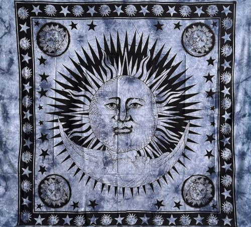Seamar Überwurf, Motiv: Große Sonne Mond Sofaüberwurf, Ethno-Überwurf, 210 x 240 cm, 100 % Baumwolle, Strandtuch (Blau)