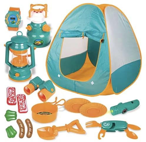 Kinder Tipi Zelt, Ruspela Camping Set 19Pcs Camping Spielzeug Set mit Zelt 73 * 74.5 * 88 cm Camp Gear Tools Lernspielzeug Geschenk für Jungen Mädchen faltbares Spielhaus für drinnen oder draußen