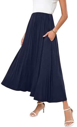 Iandroiy Damen-Maxirock, fließend, Sommer, plissiert, hohe Taille, lässig, lange Röcke mit Taschen, A 04 Marineblau, Mittel