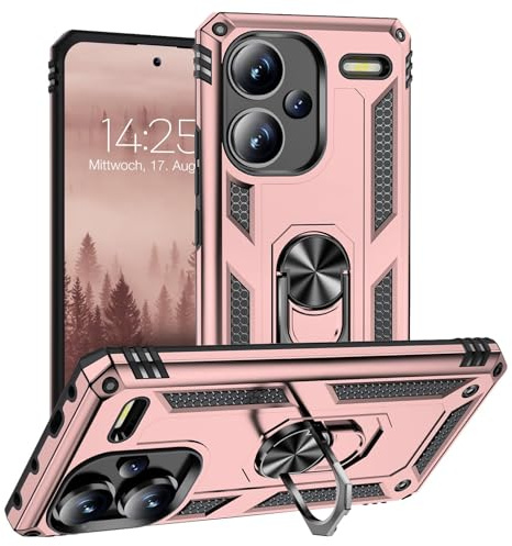 LBH Outdoor Hülle für Xiaomi Redmi Note 13 Pro+ 5G Armor Militär Stoßfest Handyhülle 360 Grad Metal Ring Halter Ständer Schutzhülle für Handyhalterung Auto Magnet Rosegold