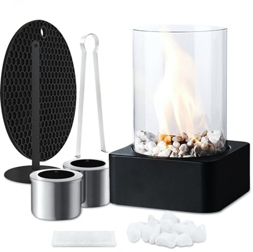 Tischkamin, Tischfeuer Set für Indoor und Outdoor, Bioethanol Tischkamin mit PU Pad, 2 Brennkammern und Deko Steinen, Bio Ethanol Kamin Kleiner für Terrasse Balkon Garten Wohnung Deko