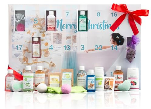 Adventskalender Wellness, 24 kleine Auszeiten für die Seele mit Badesalz, Badekugeln, Duschseifen, Duschgelen, Entspannungsbädern und Blüten