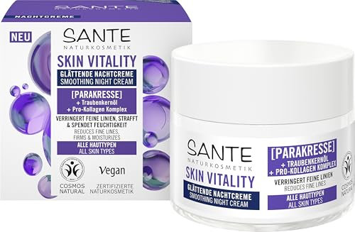 SANTE Naturkosmetik Skin Vitality Glättende Nachtcreme - 50 ml - Mit Parakresse, Traubenkernöl & Pro-Kollagen Komplex - Feuchtigkeitscreme für straffe Haut - Vegan & Natürlich