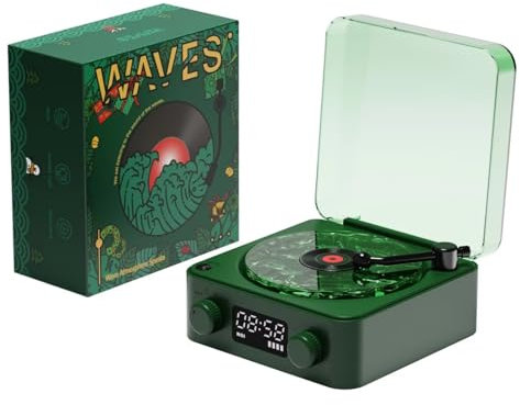 Sxhlseller Waves Giradischi Vintage, Lettore Waves con Luce Notturna e Display Dell'Ora, Altoparlante Bluetooth Vintage, Lettore CD Stereo Portatile per Feste in Camera da Letto (verde scuro)