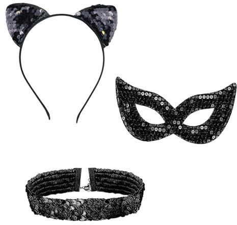 GUTERTOP 3 Stück Katzenkostüm Zubehör Damen, Katzenohren Haarreif, Glitzer Pailletten Katzenohren für Cosplay, Karneval Party, Halloween