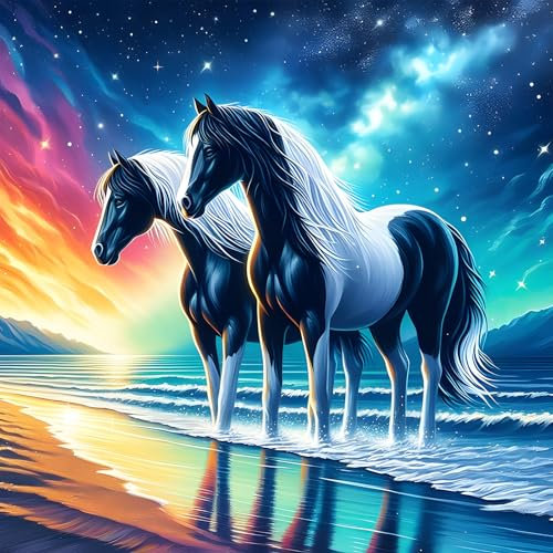 MOGTAA Cheval Diamant Peinture pour Adulte Débutant, 5D Paysage Plage Diamond Painting Complet Diamant Kit, Diamant Painting Strass Point de Croix Cristal pour Murale Décor 30x30cm