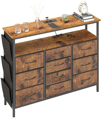 hitsuki Fernsehkommode & TV Bank Holz | Fernsehertisch Sideboard TV Lowboard | TV Cabinet for Living Room mit LED Beleuchtung & 10 Schubladen | Holz/Metall-Design/Vintage/Industriell 110x30x85cm