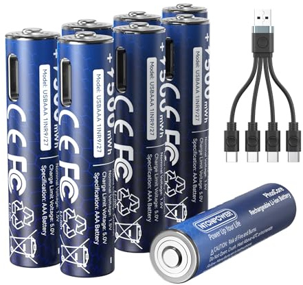 NTONPOWER AAA Lithium Batterien 1,5V 500mWH mit USB-C Lith Akkus Wiederaufladbare mit Kabel, 8 Stück, für Taschenlampe, Spielzeug, Fernbedienung