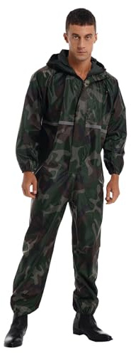 renvena Men Work Overalls Waterproof Reflective Strip Jumpsuit Long Sleeve Hooded Raincoat Zipper Coveralls