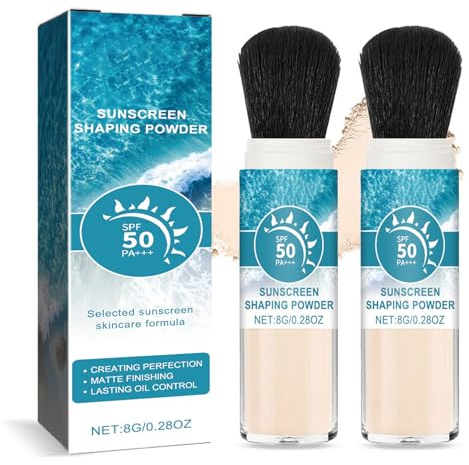 Lot de 2 poudres de protection solaire minérale SPF 50 - Poudre mate, lâche avec pinceau, contrôle de l'huile, poudre de maquillage durable, imperméable, légère et respirante - Convient à tous les