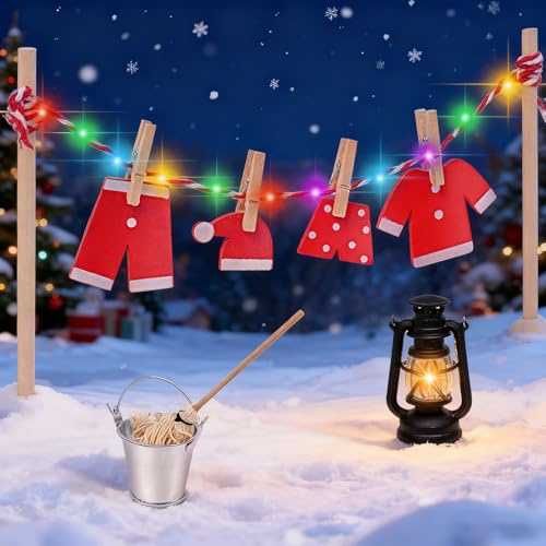 Sunwuun Wichtel Zubehör Weihnachten, Miniatur Wäscheständer Set, Miniatur Wichtel Kleidung, Wichtel Zubehör, inkl Wäscheständer, Wäscheleine, Kleidung, Klammern, Wäscheeimer, Mopp und Lampe (Rot)