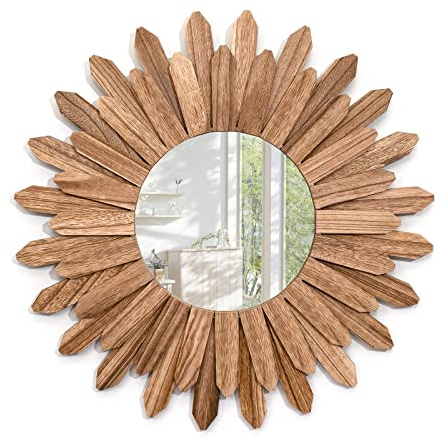 Emfogoo Wandspiegel 48cm Groß Rustikal Holz Sunburst Boho Spiegel Boho Wand Deko Wanddeko für Haus Wohnzimmer Schlafzimmer Flur (Rustikal Braun)