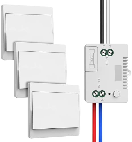 Funk-Lichtschalter 230V Set, Funkschalter – Keine Batterien Erforderlich, Wasserdichter Wandschalter, Steuern Sie Ihre Lampe Bis Zu 200 M Fern (1 Empfänger Und 3 Schalttafel)