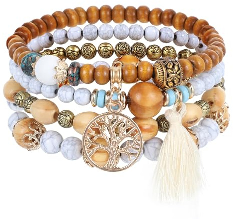 Shimmeroo 4PCS Boho Bracelets for Women Set | Stackable Bracelets Wooden Beads Elastic Bracelet for Women Birthday Boho Jewelry Gifts