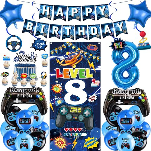 Gaming 8th Birthday Decorations Boys - 41 PC Blue Video Game Banner Set | 41 Pcs Blue Video Game Banners Gaming Controller Foil Balloons Cake Topper Swirl Hangings Backdrop